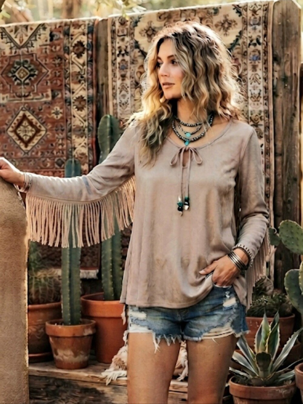Vintage Havana Fringe Sleeve Faux Suede Top Size Small NWOT
